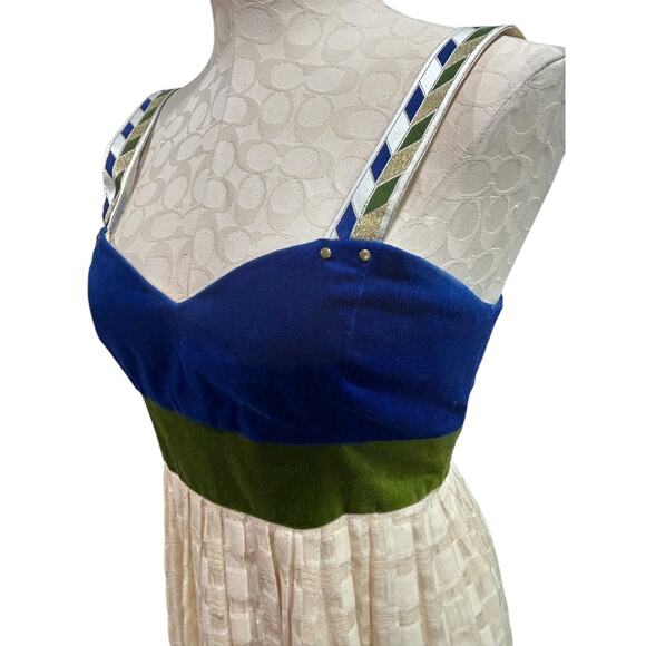 Size 6 Madchen Dress Velvet Colorblock Cream Skirt Blue Green Bodice - Picture 3 of 11
